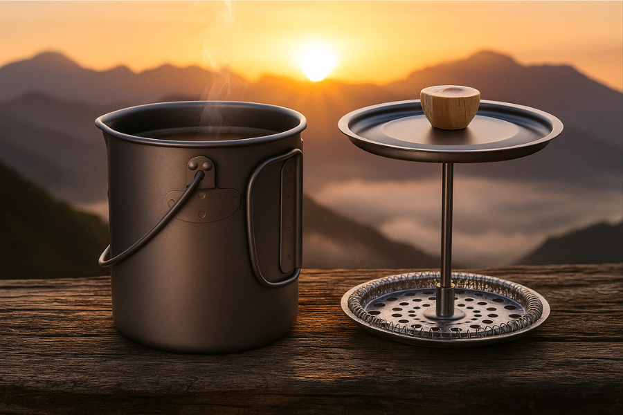 750ml Titanium French Press Mug showing customization options and premium finish