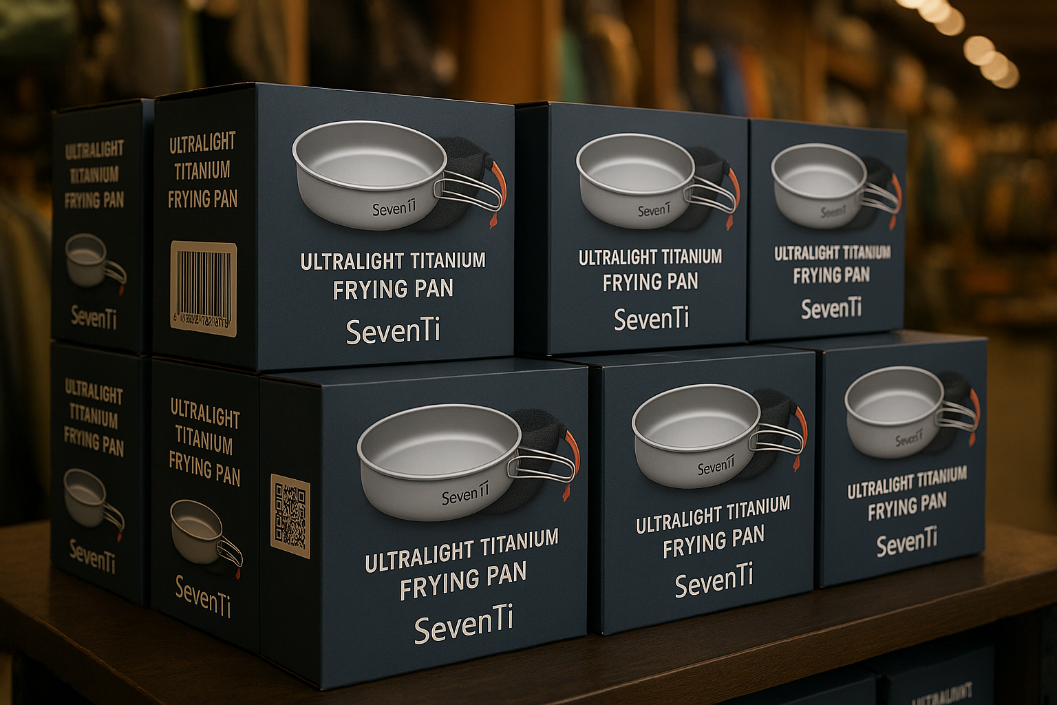 Retail shelf display of boxed titanium pans
