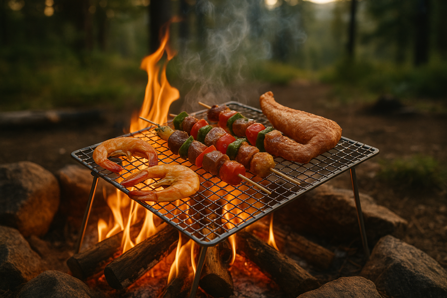 Titanium grill cooking over campfire