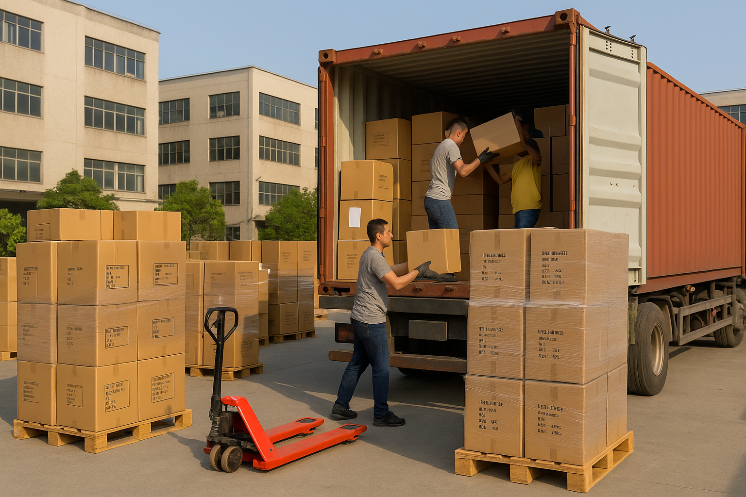 Logistics and packing scene with shipping container and cartons