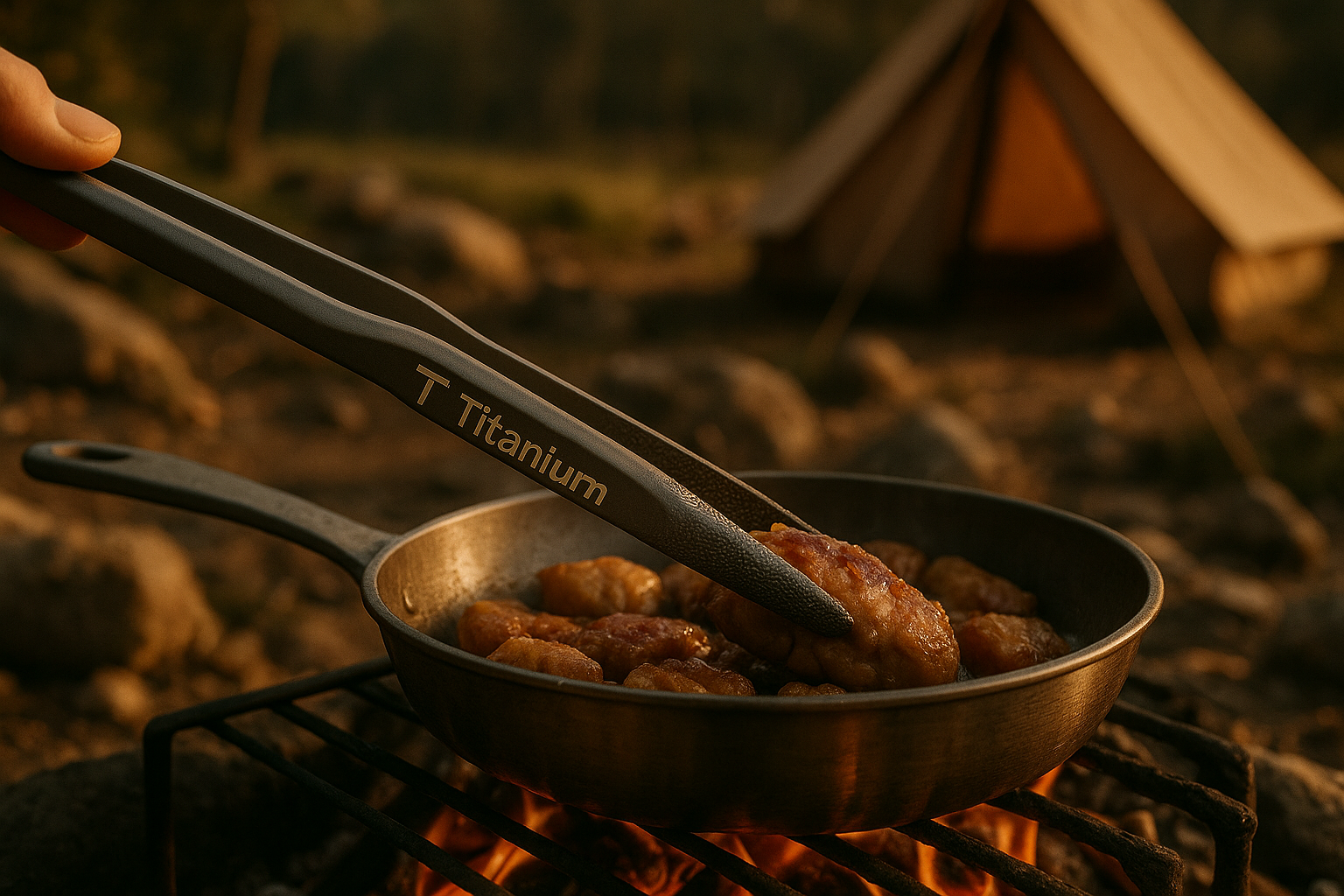 Titanium tongs in campfire cooking scene
