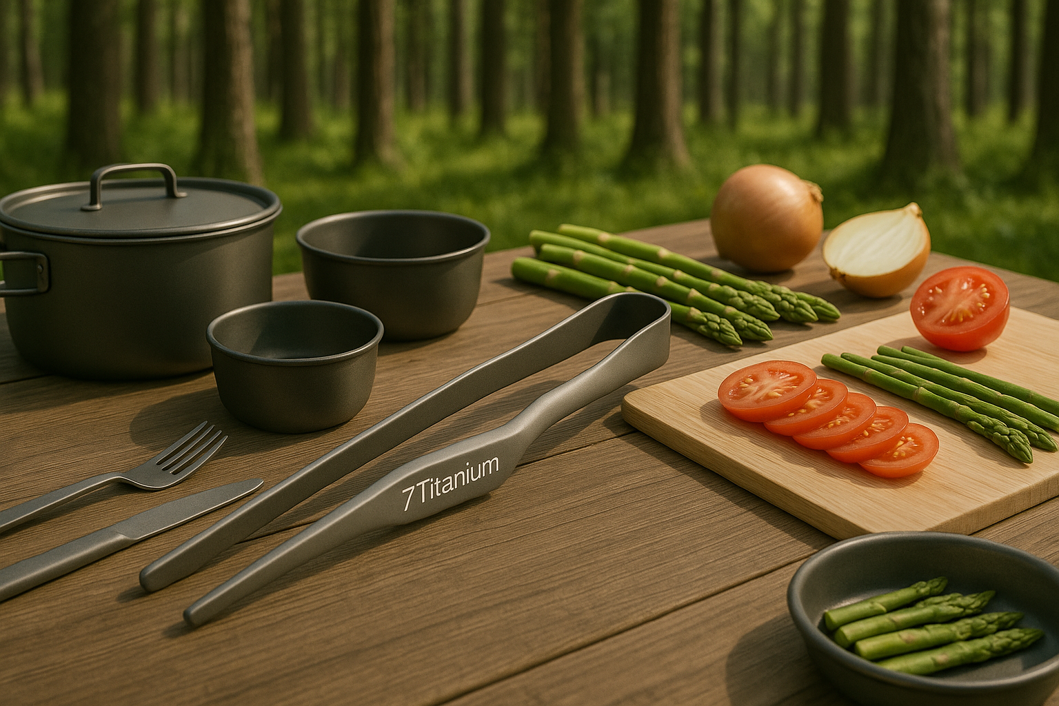 Titanium tongs used in a picnic setting with utensils