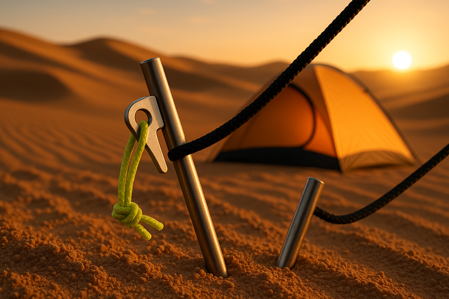 Titanium tent stakes securing a tent in the forest