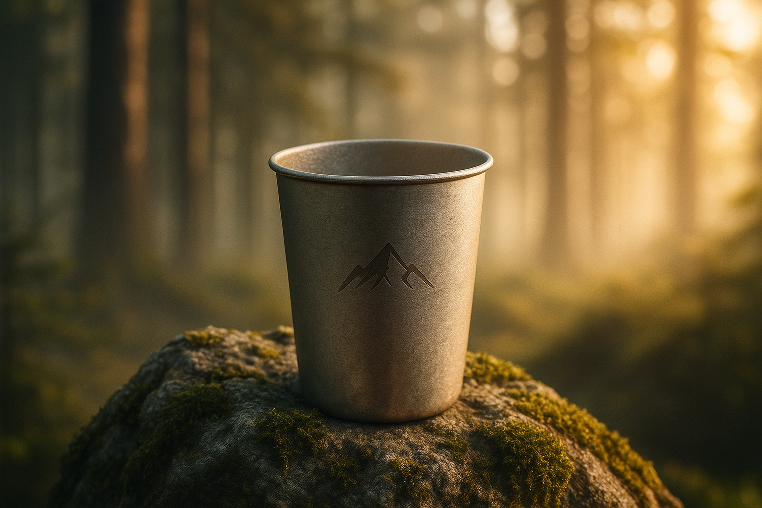 350 ml titanium cup resting on moss-covered rock in Bavarian forest