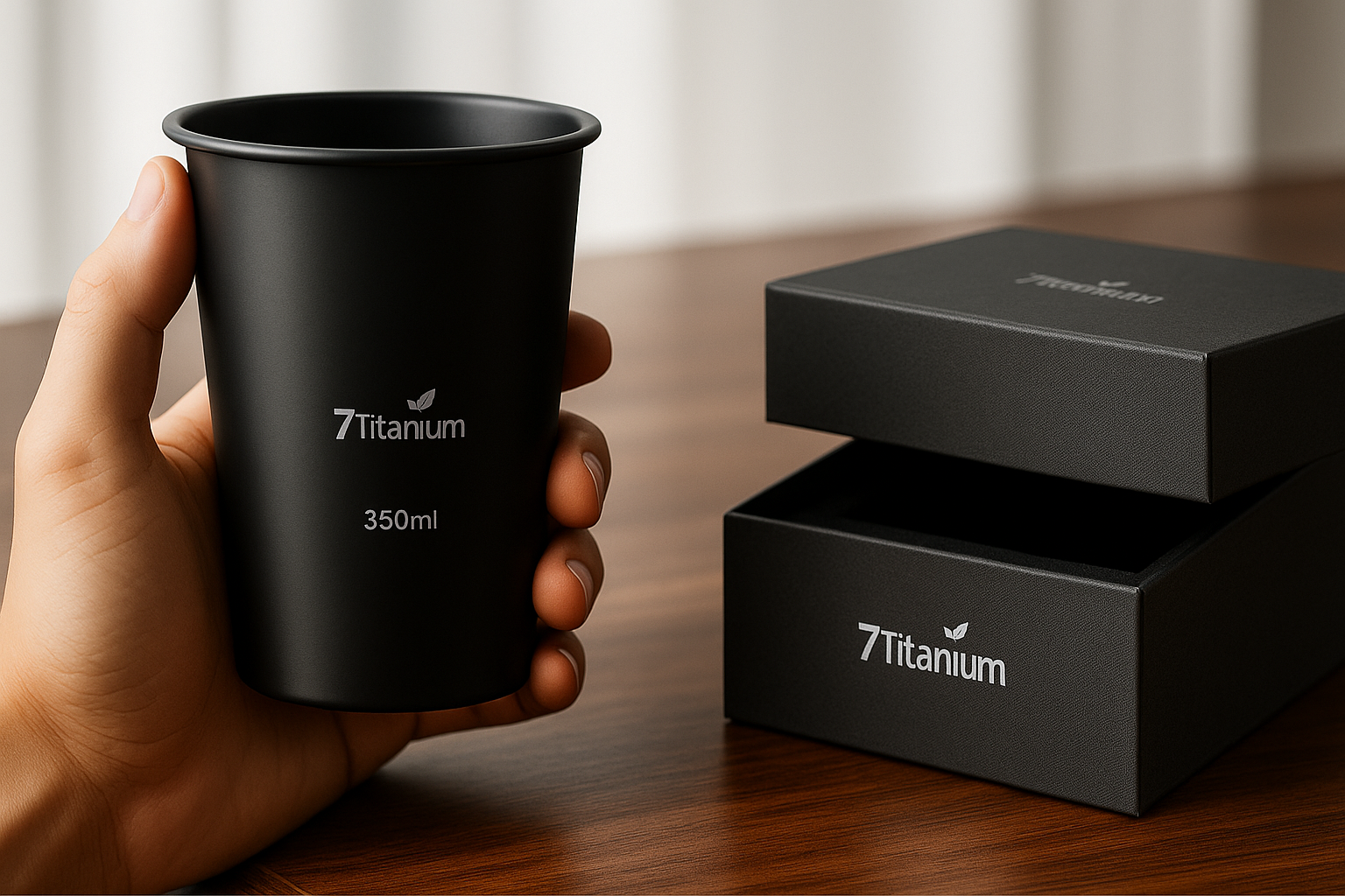 Matte-black titanium cup with engraved name presented in premium gift box on executive desk