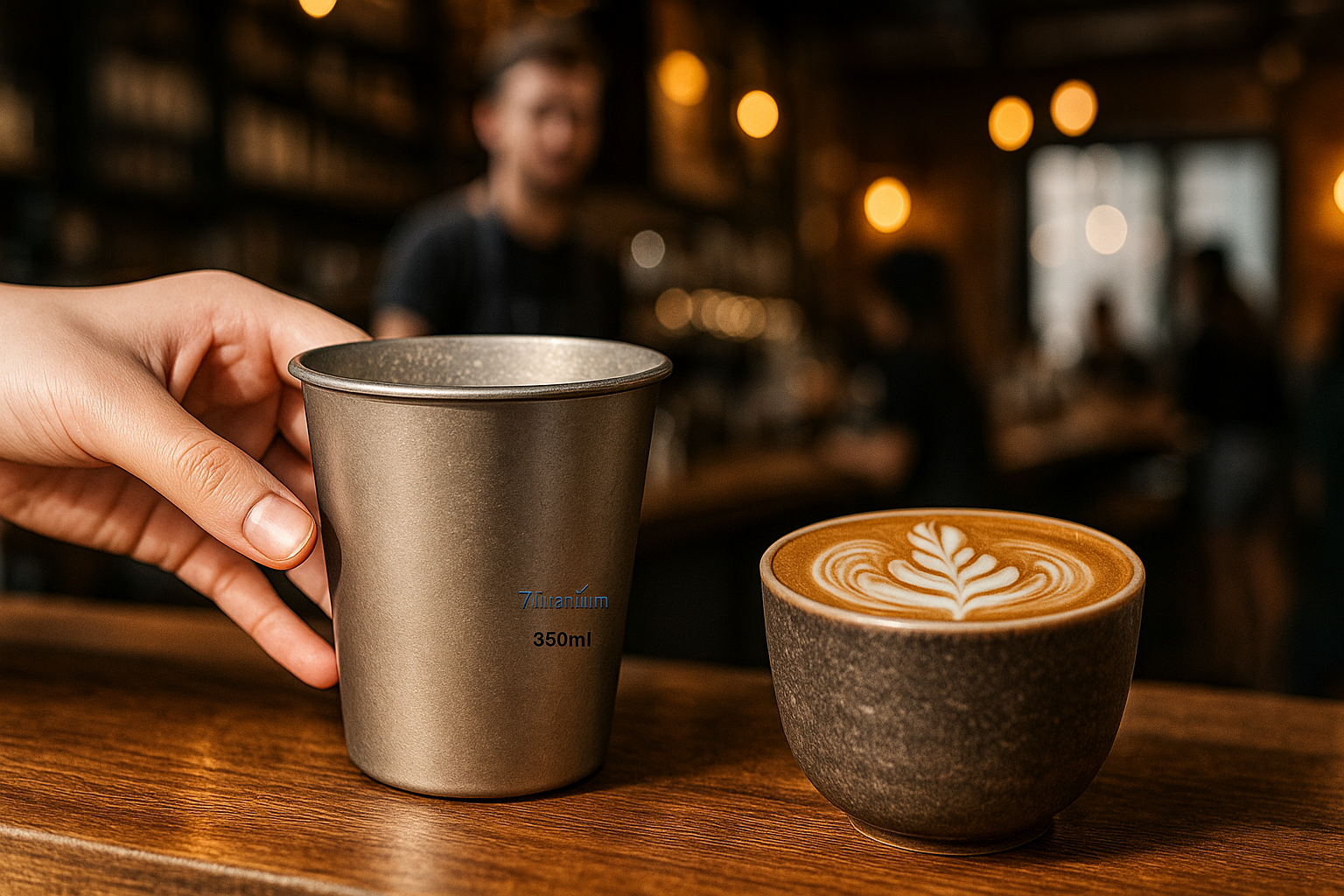 Barista placing reusable titanium cup beside latte art at specialty café counter