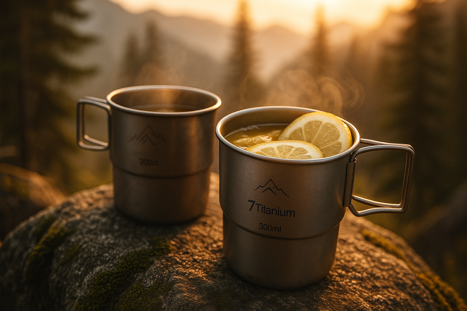 Stackable titanium mugs on moss-covered rock in Bavarian Alps