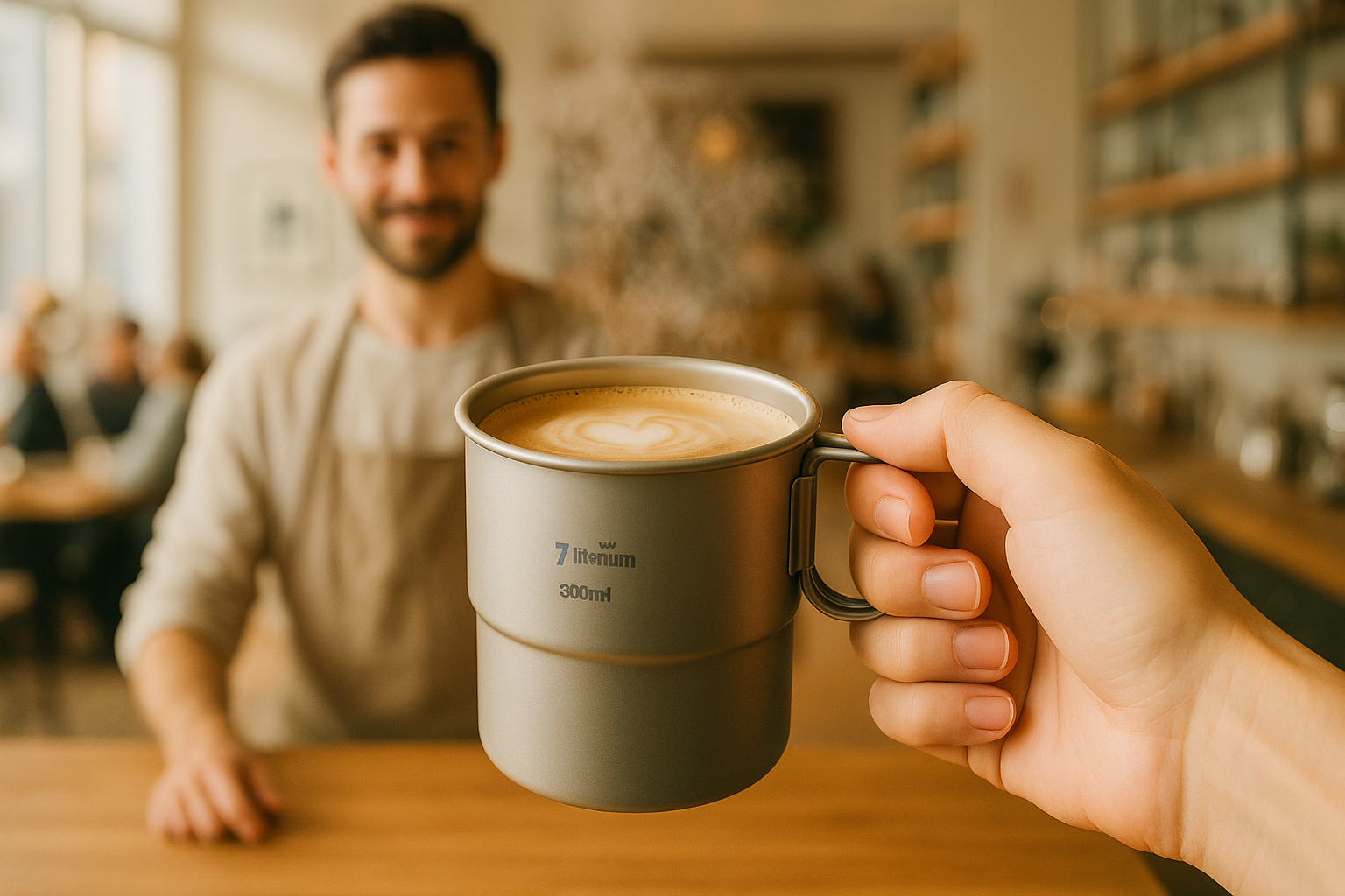 Barista serving latte in titanium mug at Stockholm café