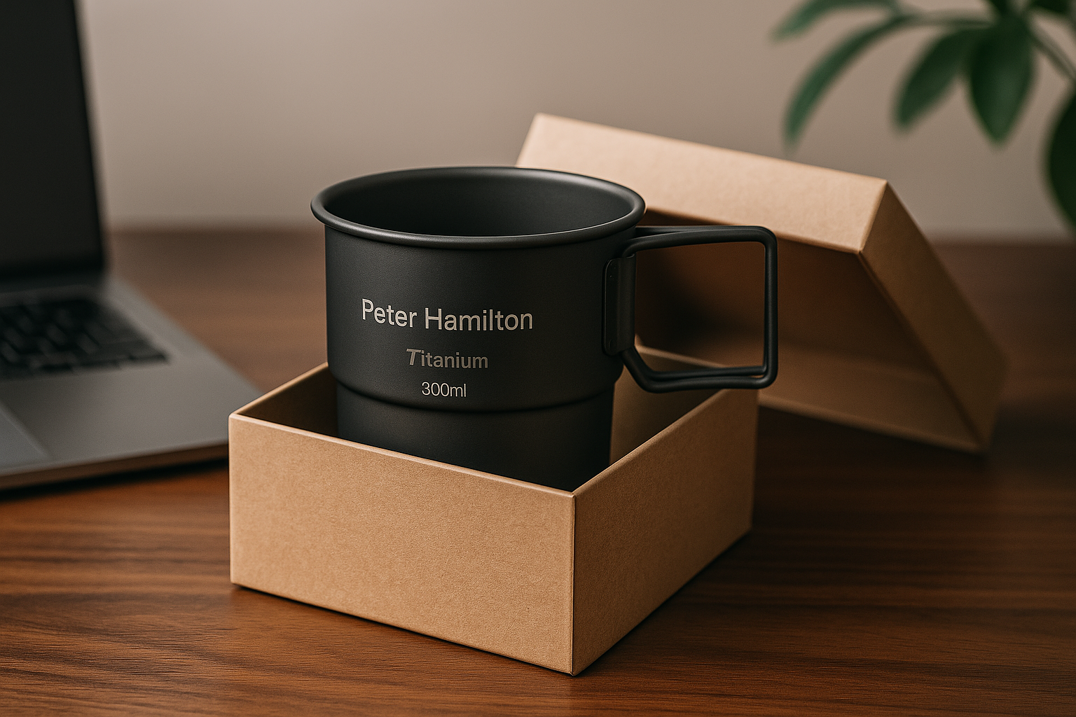 Matte-black titanium mugs in premium gift box on office desk