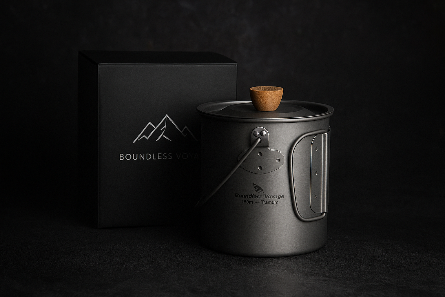 Titanium mug with foldable handles and internal volume markings.