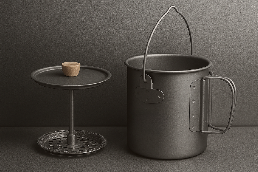 Titanium french press mug in an outdoor, lifestyle setting.