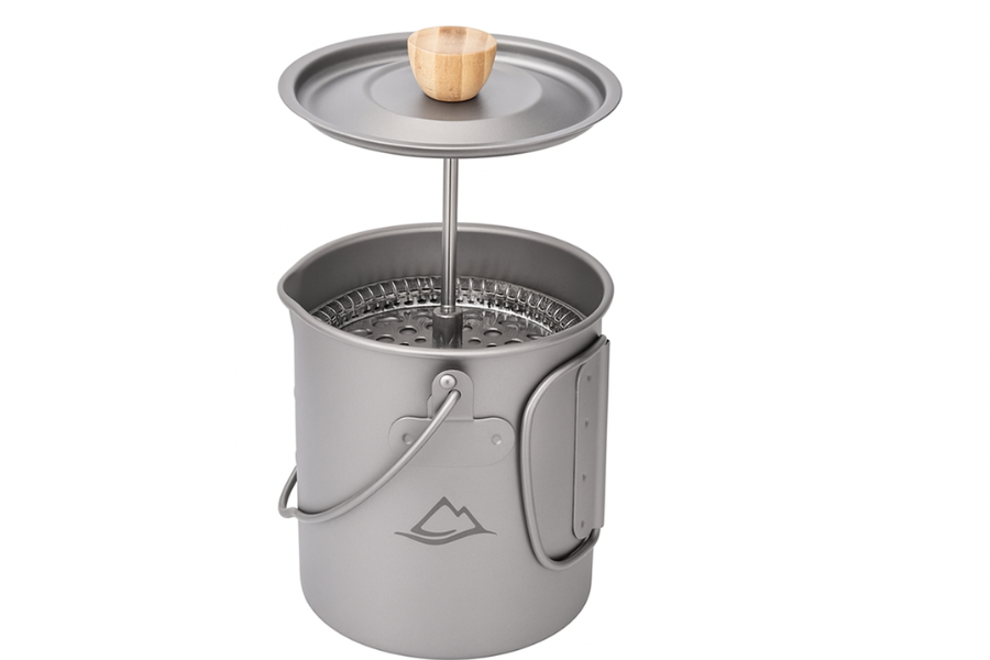 Close-up of the stainless steel filter inside the titanium mug.
