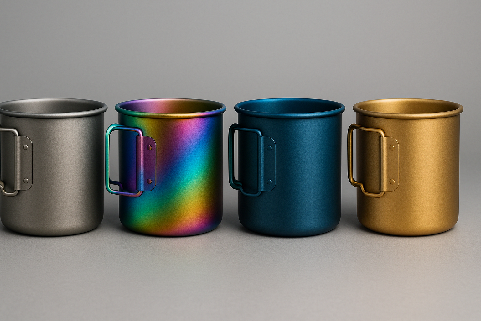 Line-up of titanium cup-pots: matte grey, rainbow, blue, gold