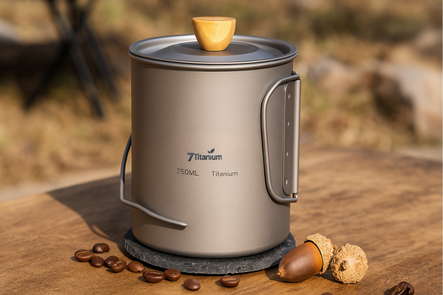 Titanium mug showcasing laser-etched client logos for OEM branding