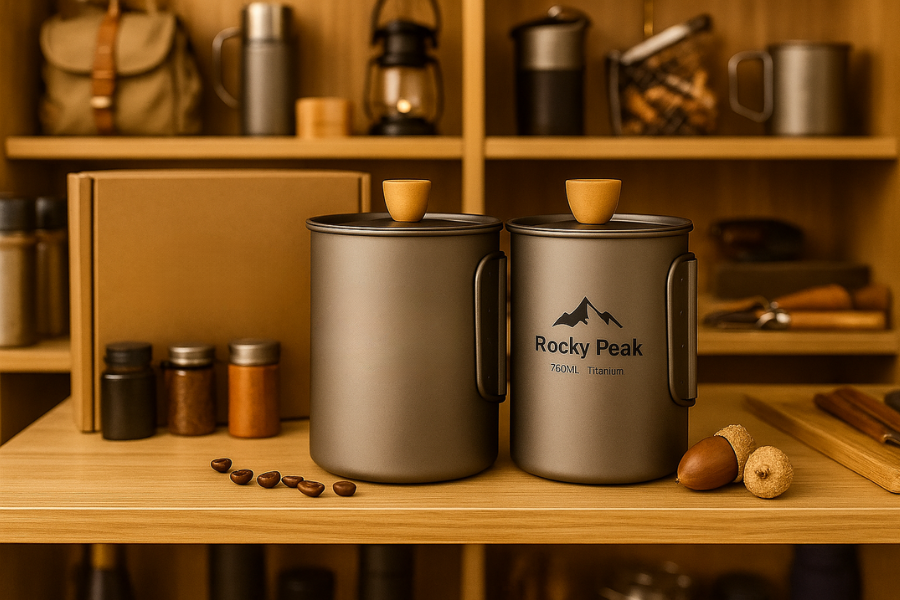 Titanium coffee mugs arranged in a retail display alongside outdoor gear