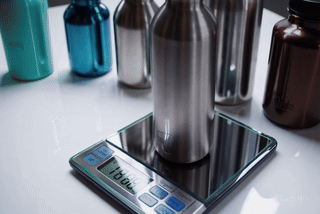 Titanium bottle on a digital scale weighing less than other bottles