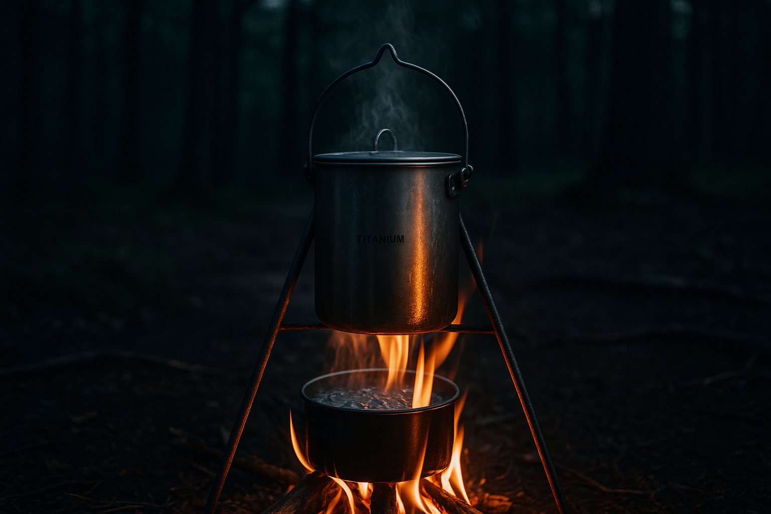 Titanium bottle boiling water over a campfire in the forest