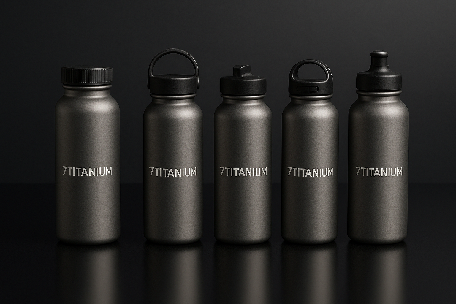 Titanium water bottles displayed on rocky terrain