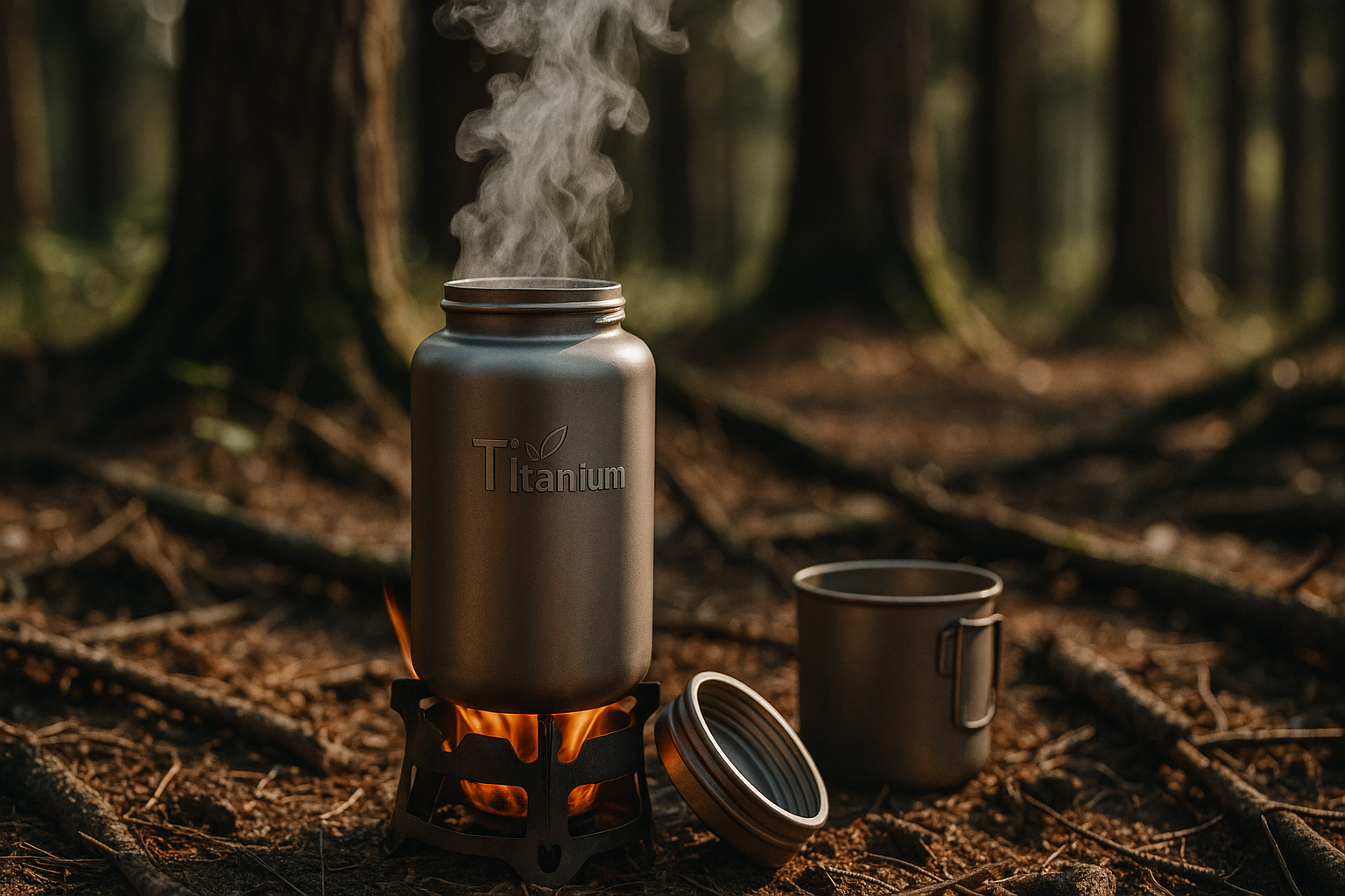 Titanium bottle for direct heating, boiling coffee or soup in outdoor settings
