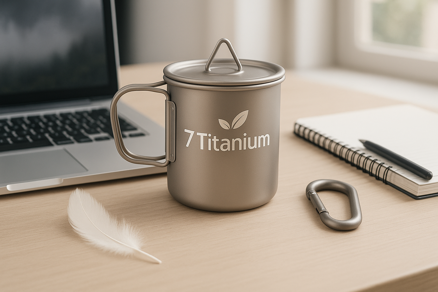 Titanium mug placed on a modern office desk