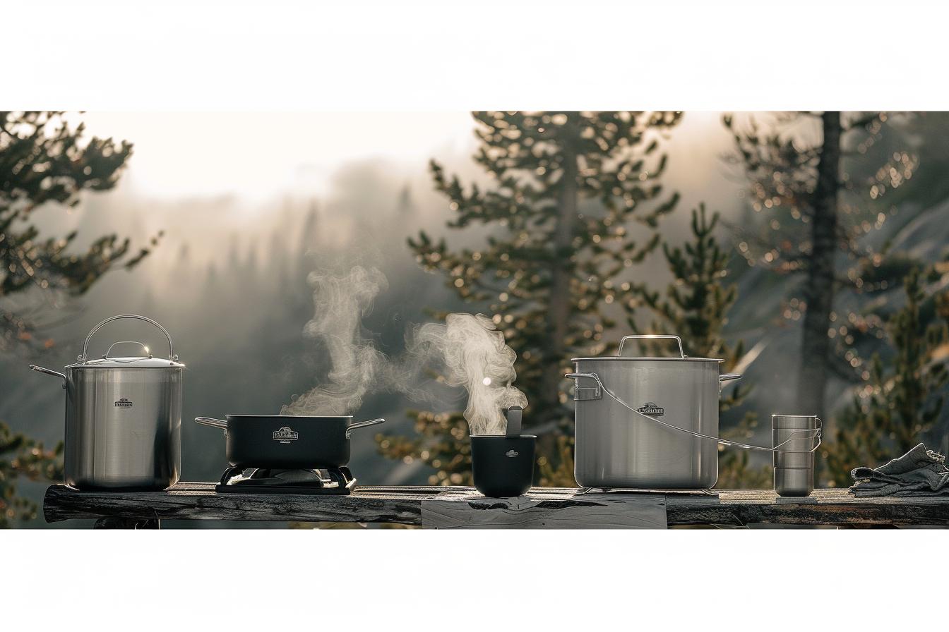 Titanium cookware used in camping kitchen
