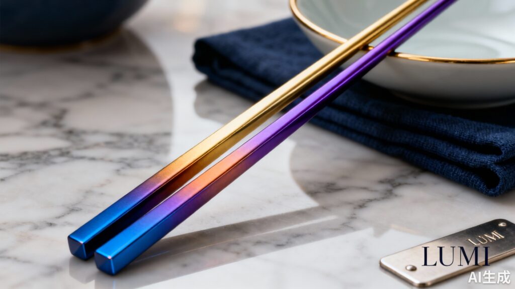 Deproksima foto de anodigitaj titanaj manĝbastonetoj en elegantaj koloroj (blua, oro, purpura) sur luksa manĝotablo aranĝo, transportita