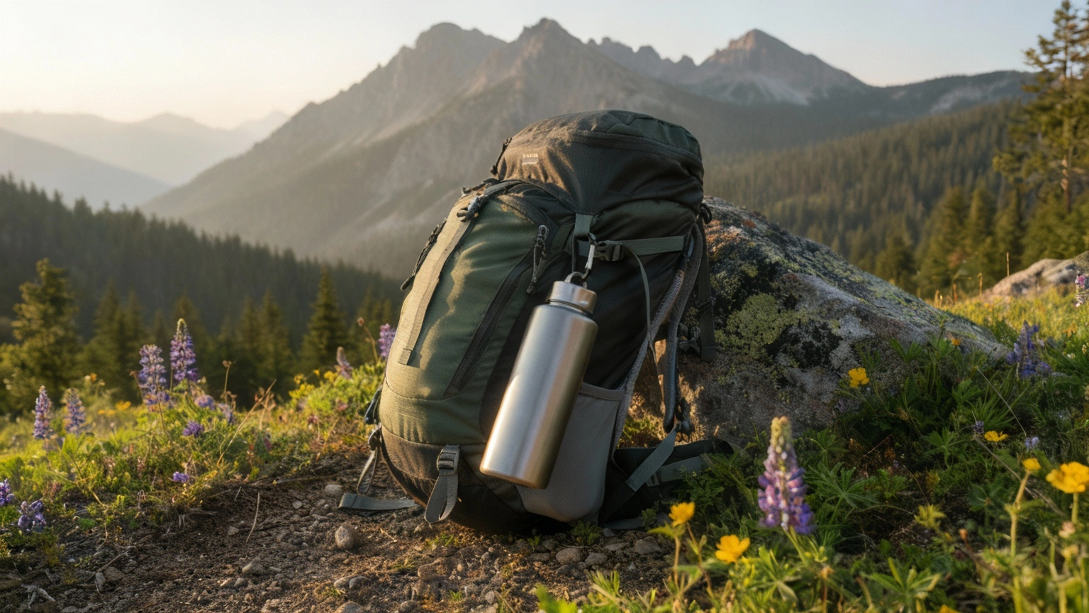 An ultralight titanium water bottle attached to a hiker's backpack, with a majestic mountain trail in the background, conveying portability and durability for outdoor adventures. The bottle appears resilient and compact.
