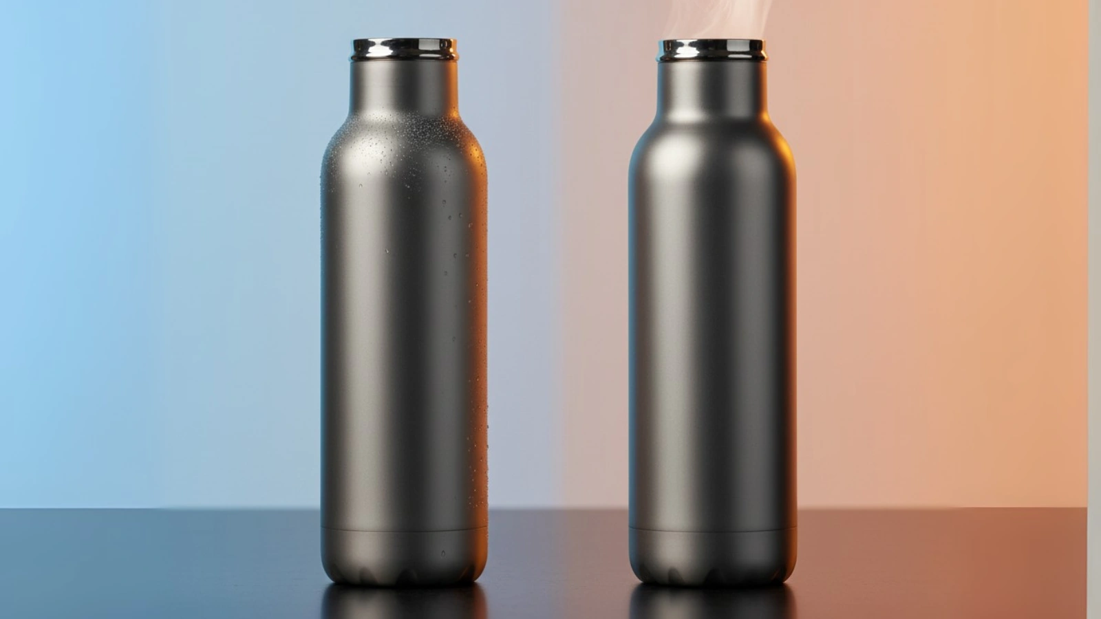 A double-wall vacuum-insulated titanium water bottle on one side, exuding a frosty vapor to represent cold drinks, and a single-wall titanium bottle on the other, with gentle steam, showing the difference in insulation properties and versatility for hot or cold beverages.
