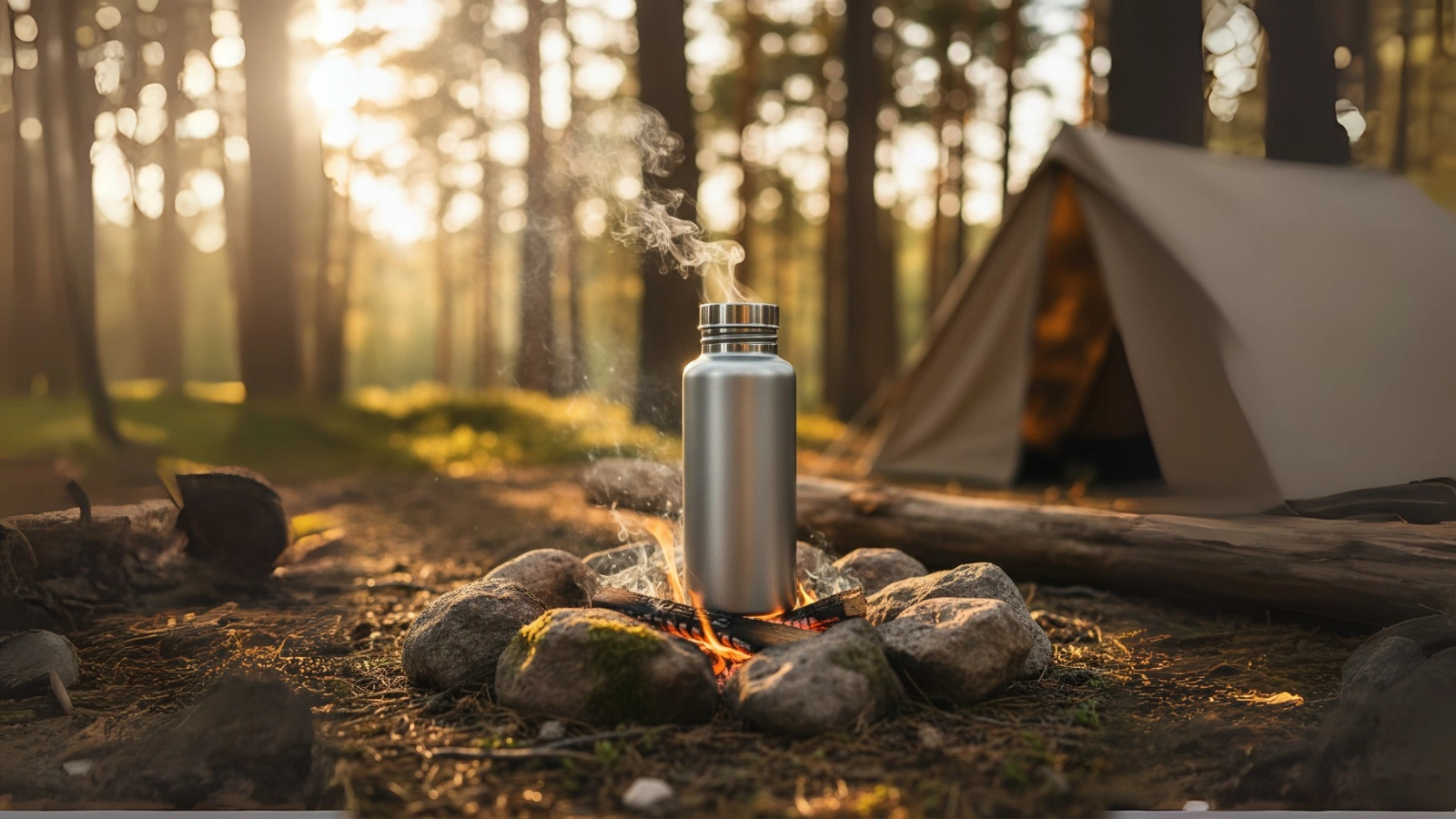 A single-wall titanium water bottle being heated directly over a small, contained campfire in an outdoor setting, with steam gently rising, illustrating its versatility for water purification and cooking during camping or survival.