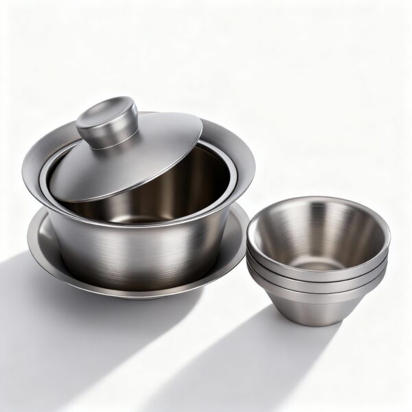 1. Extrem detaillierte Produktfotografie einer einzelnen doppelwandigen Titan-Kaffeetasse (380 ml) mit angebrachtem Henkel. Ge