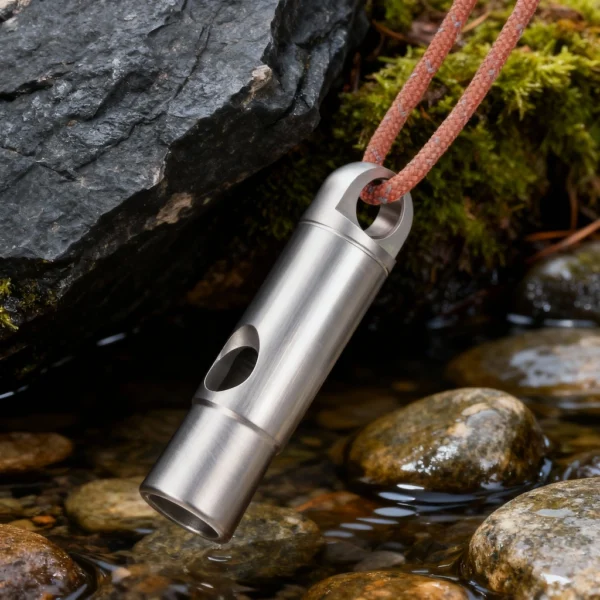 7Titanium Fischio in titanio Fischietti di sicurezza di sopravvivenza di emergenza con cordino rumoroso per campeggio all'aperto Allenatori da escursionismo Allenamento sportivo Portachiavi Fischio