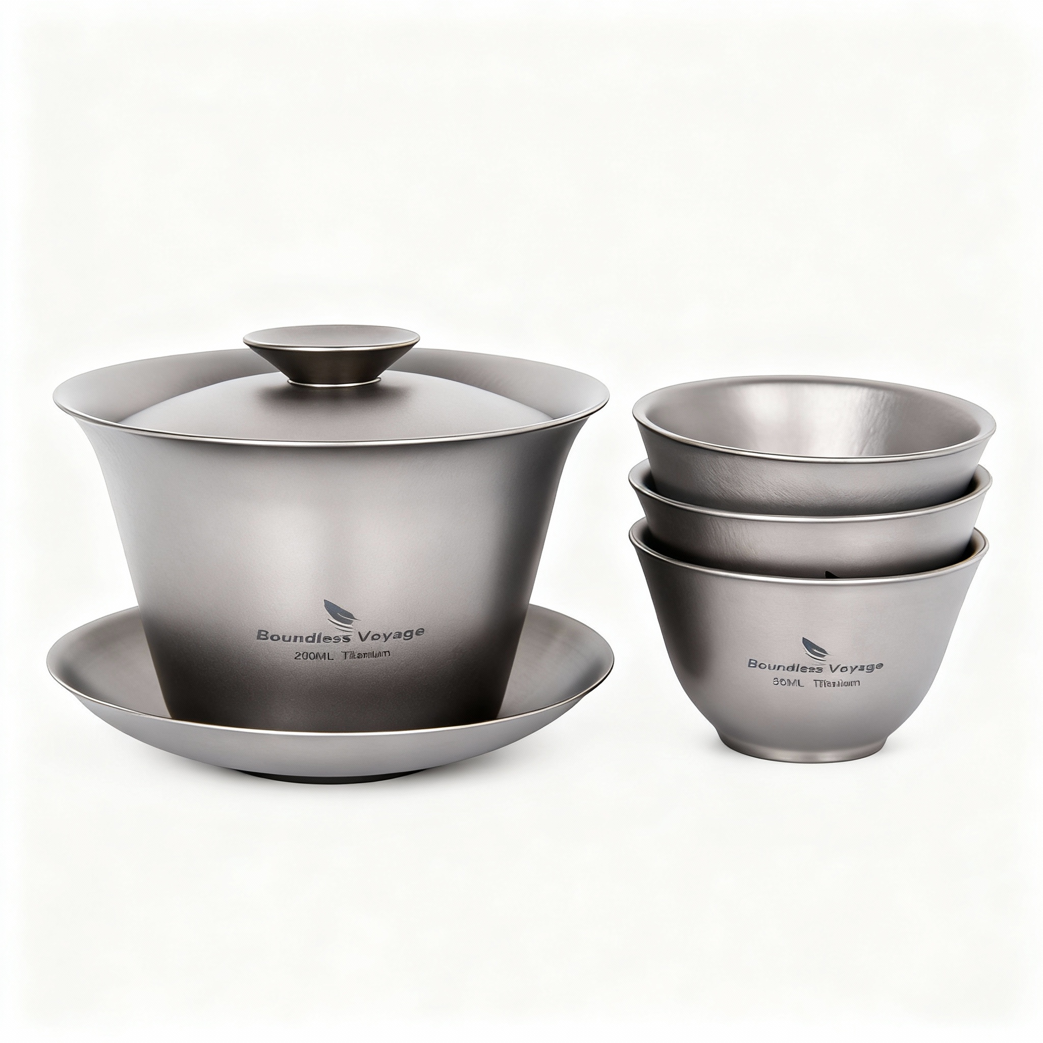 Titan-Gaiwan-Set-Komponenten mit Probierbechern, arrangiert für die Private-Label-Verpackung