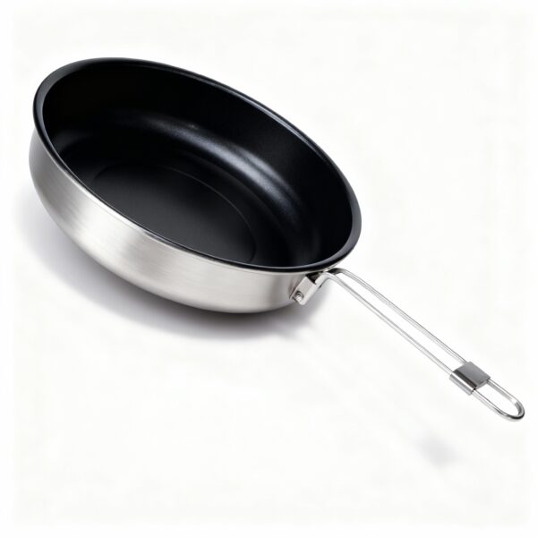 Referansla Geometrik Olarak Aynı, Katlanır Saplı Tek Titanyum Kızartma Tavasının Ultra Detaylı Ürün Fotoğrafçılığı