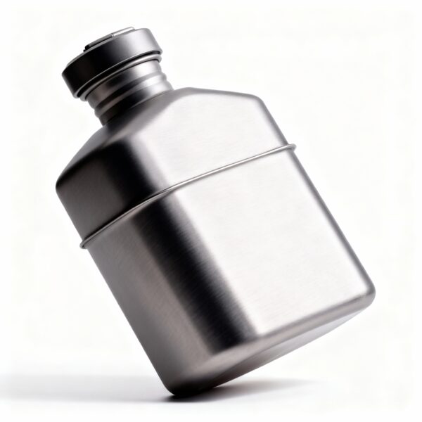 Photographie de produit ultra-détaillée d'un seul ensemble de cantine militaire en titane, géométriquement identique à l'image de référence