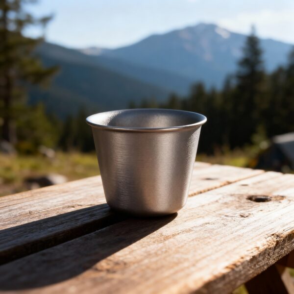 Ultra-Detailed Product Photography Of A Single Titanium Mini Wine / Tea / Sake Cup, Geometrically Identical To Reference