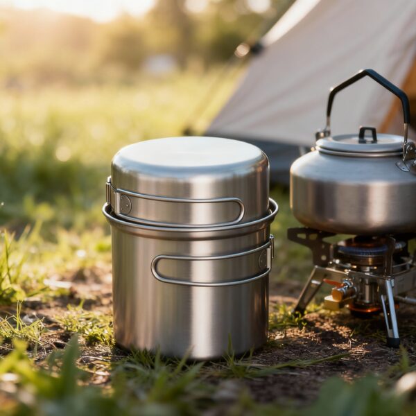 Referansla Geometrik Olarak Aynı, Katlanır Saplı Tek Titanyum Tencere Kasesinin Ultra Detaylı Ürün Fotoğrafçılığı