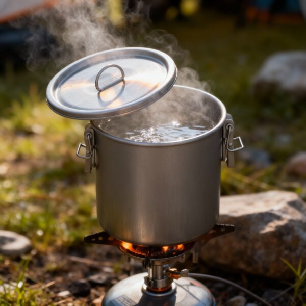 Ultra-Detailed Product Photography Of A Single Titanium Rice Cooker Pot With Lid And Folding Handles, Geometrically Iden
