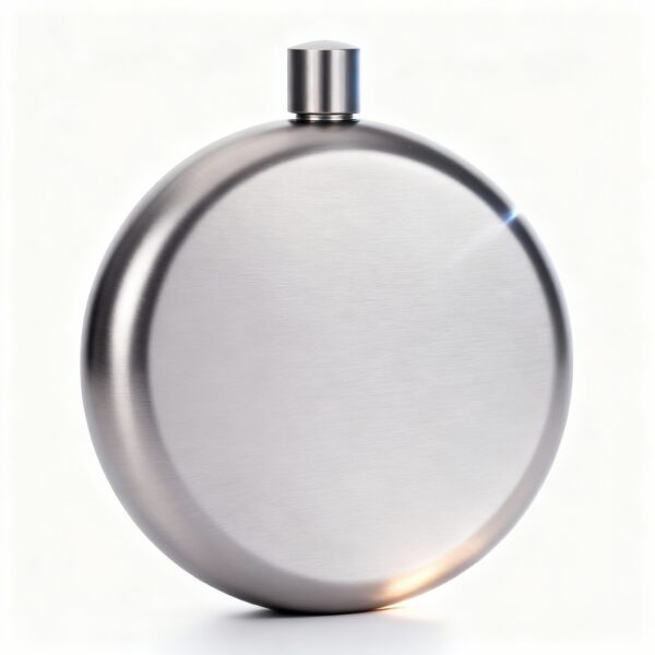 Ultra-Detailed Product Photography Of A Single Titanium Round Hip Flask, Geometrically Identical To Reference Image. Mat
