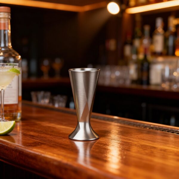 Ultra-Detailed Product Photography Of A Single Titanium Shot Glass, Geometrically Identical To Reference Image. Material