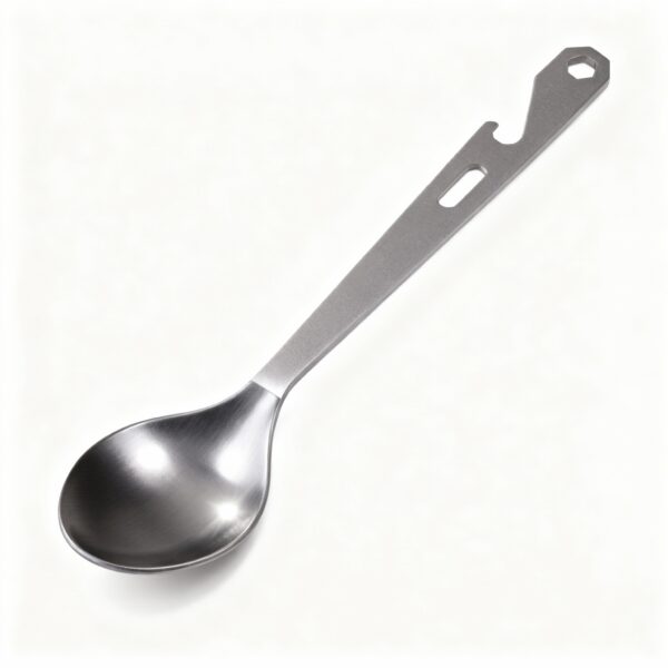 Ultra-Detailed Product Photography Of A Single Titanium Spoon With Built-In Opener, Geometrically Identical To Reference