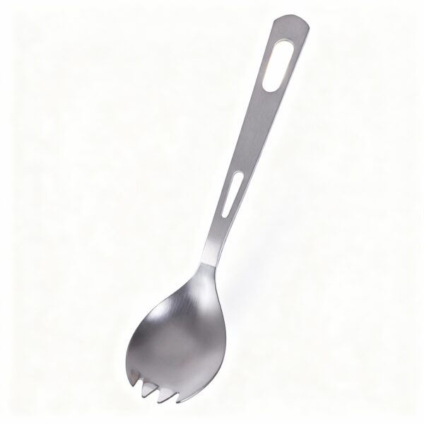 Ultra-Detailed Product Photography Of A Single Titanium Spork / Cutlery Set (Folded Or Extended) Geometrically Identical