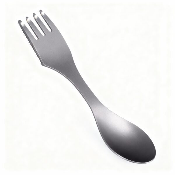 Ultra-Detailed Product Photography Of A Single Titanium Spork (Spoon And Fork Combined). Geometrically Identical To Refe