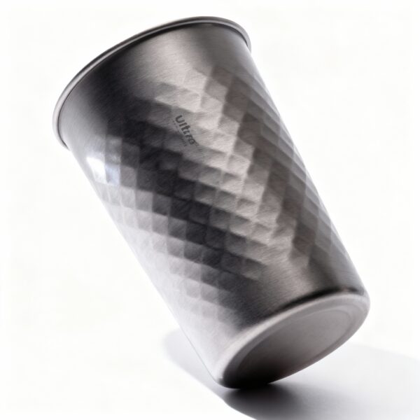 Ultra-Detailed Product Photography Of A Single Titanium Stackable Cup 450ml. Geometrically Identical To Reference Image.
