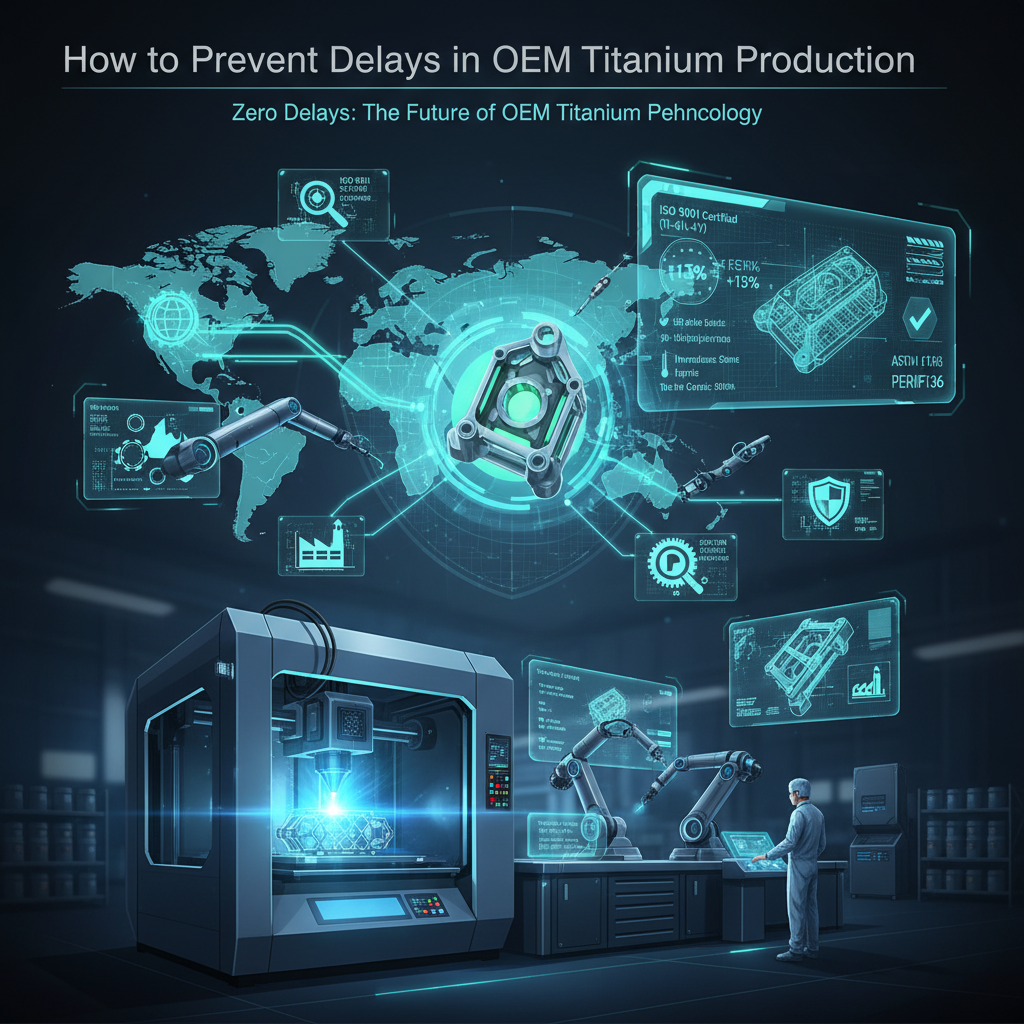 Close-up illustration of a titanium component undergoing multiple quality control procedures, including non-destructive testing (NDT) with ultrasonic waves and X-rays, alongside a digital display showing ISO and ASTM standards compliance, highlighting precision.