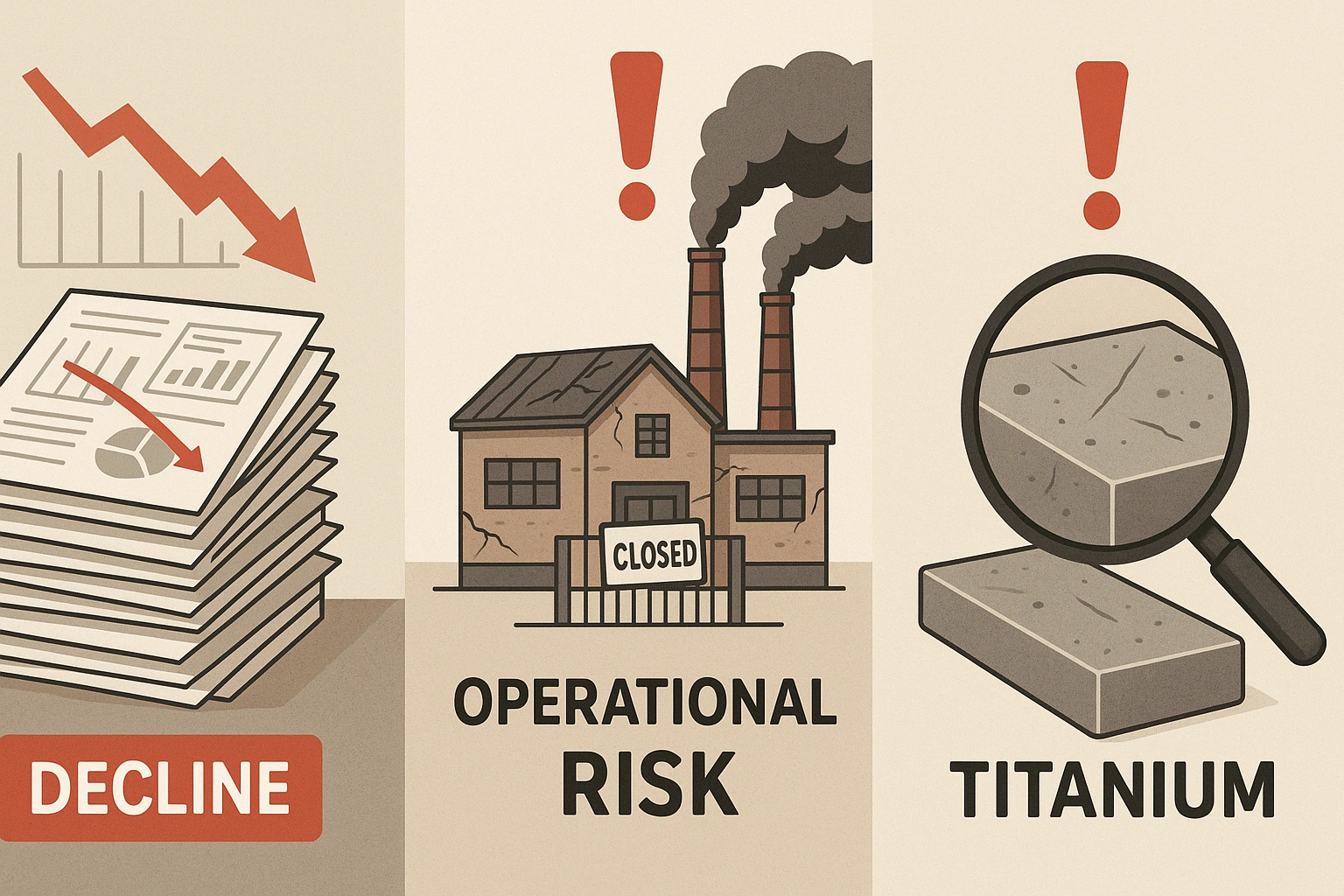 Illustration showing titanium supplier instability: failing financial reports, smoking factory drawing, magnifying glass showing flawed titanium sample