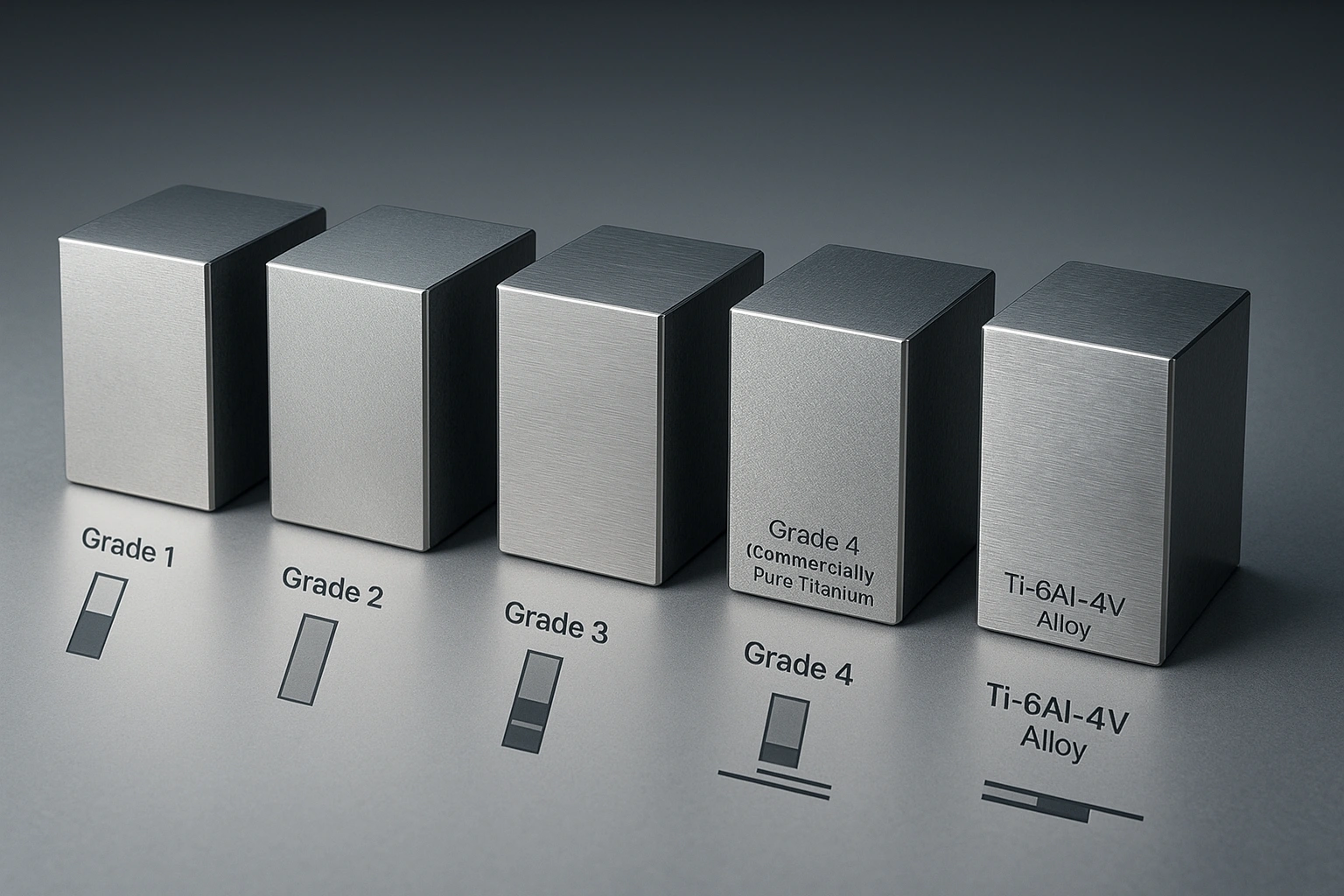Gráfico comparando resistência e conformabilidade do titânio Grau 1, 2, 3, 4 e Grau 5 Ti-6Al-4V