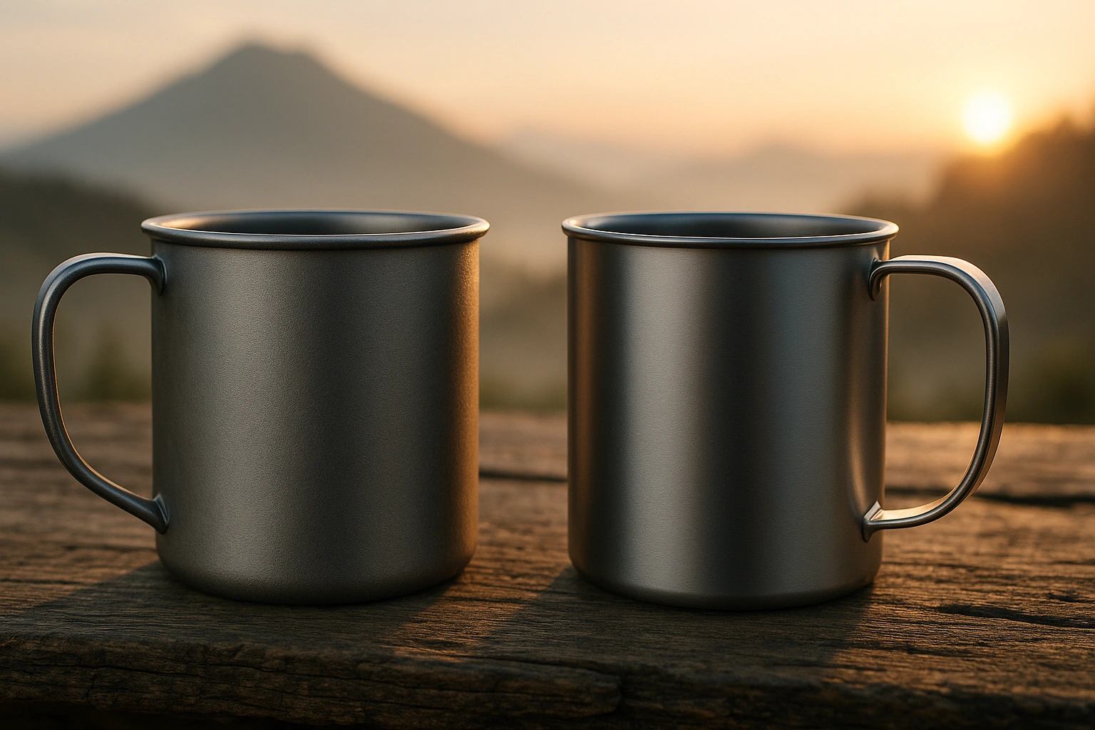 Comparação de titânio grau 2 vs grau 5 em canecas de acampamento ao ar livre em um layout de equipamento