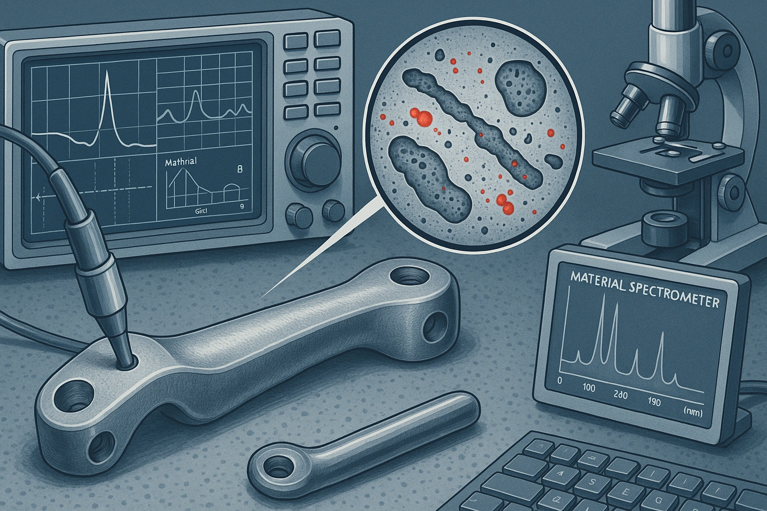 Quality control illustration showing ultrasonic testing, chemical analysis, and defect magnification of titanium components