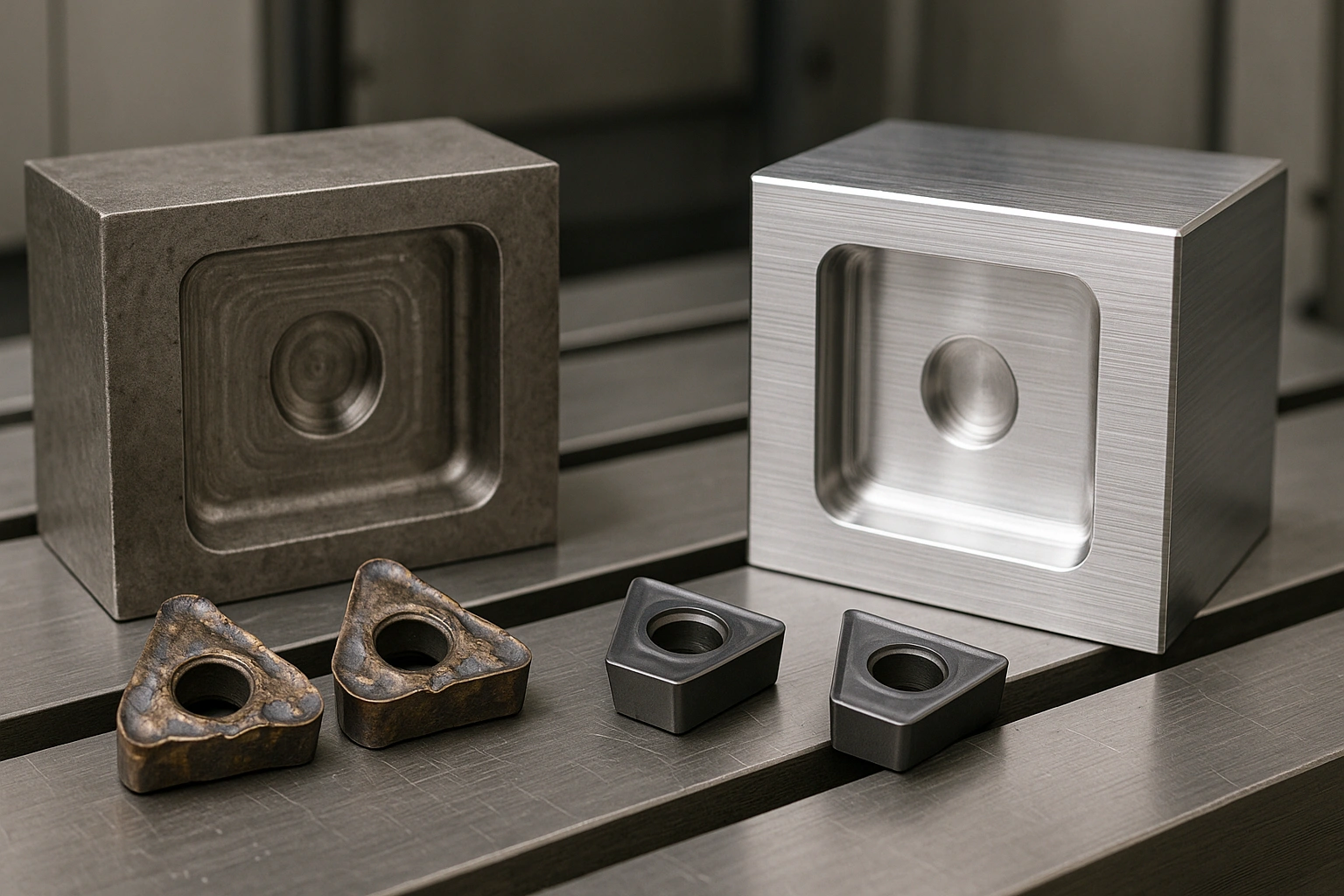 Carbide tool wear after machining titanium versus stainless during CNC trials.