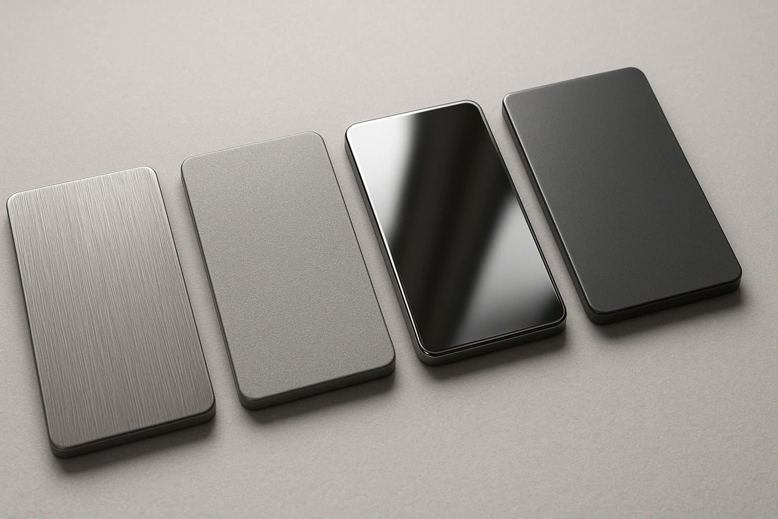 Titanium surface finish variations, including brushed, bead-blasted, polished, and anodized samples.